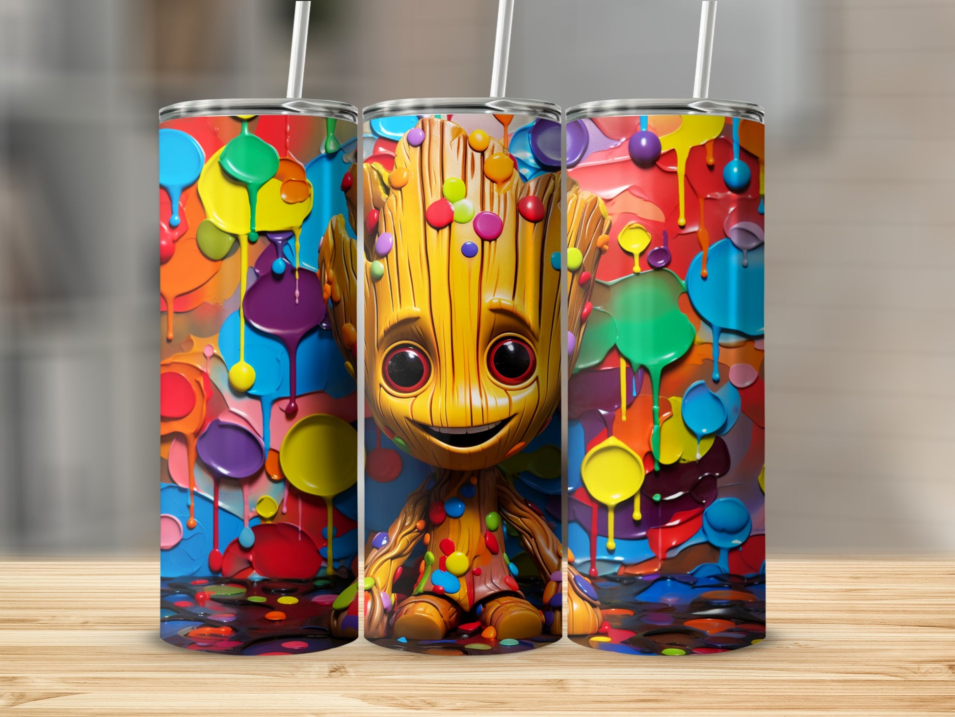 Colorful Groot Tumbler with Vibrant Paint Splashes Design
