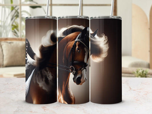 Horse head in profile, with rider in uniform, on a patterned tumbler.