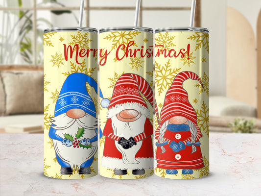Three Christmas gnomes with snowflakes on yellow background.