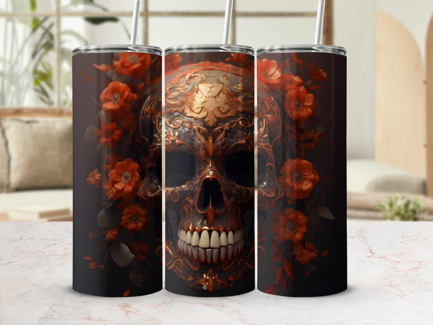 Intricate Skull Design with Red Flowers Tumbler