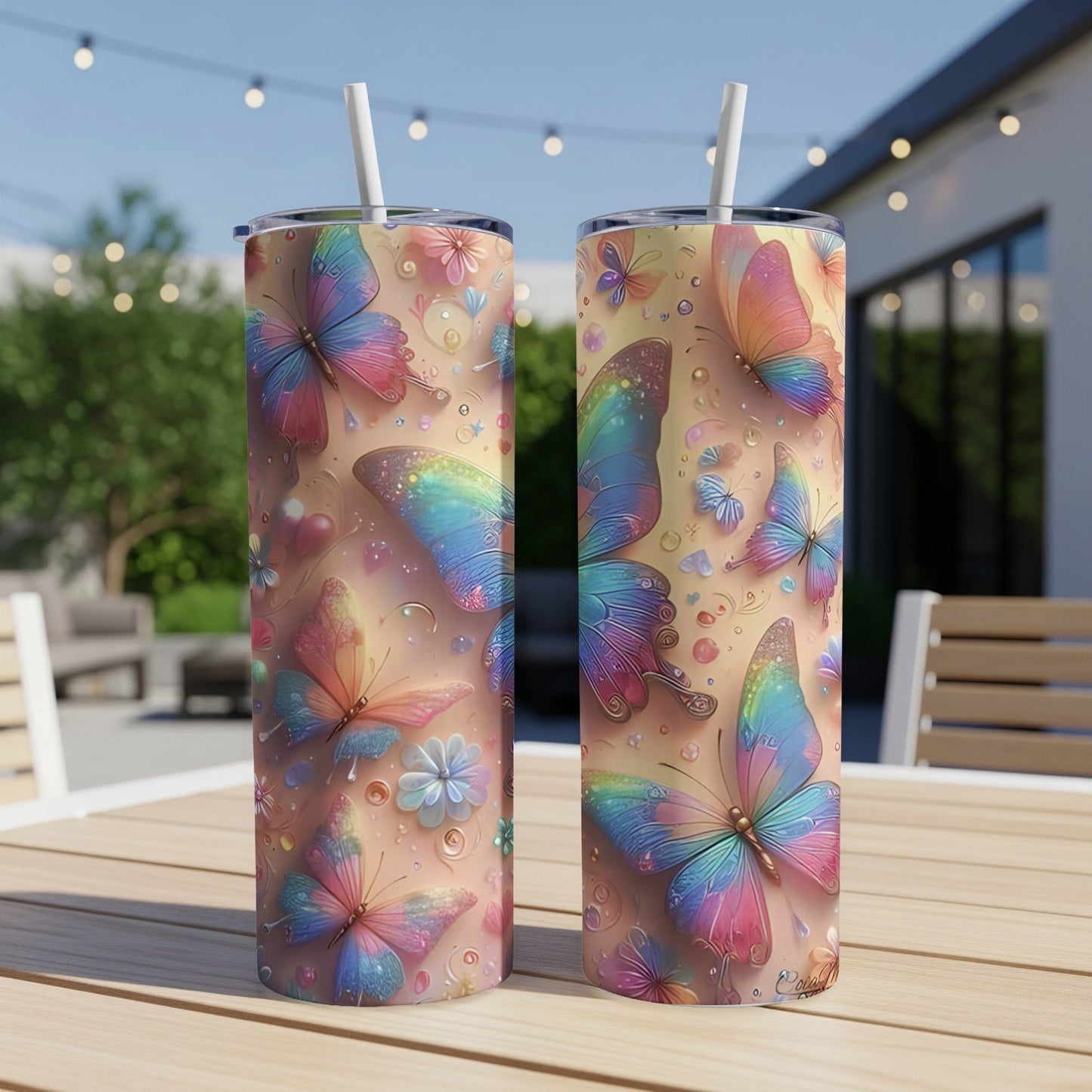 Two tall, slender tumblers with a pastel butterfly and floral design.