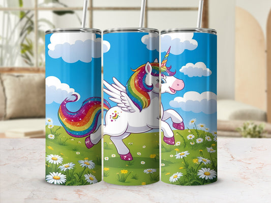 Unicorn with rainbow mane and wings on grassy hill with daisies.
