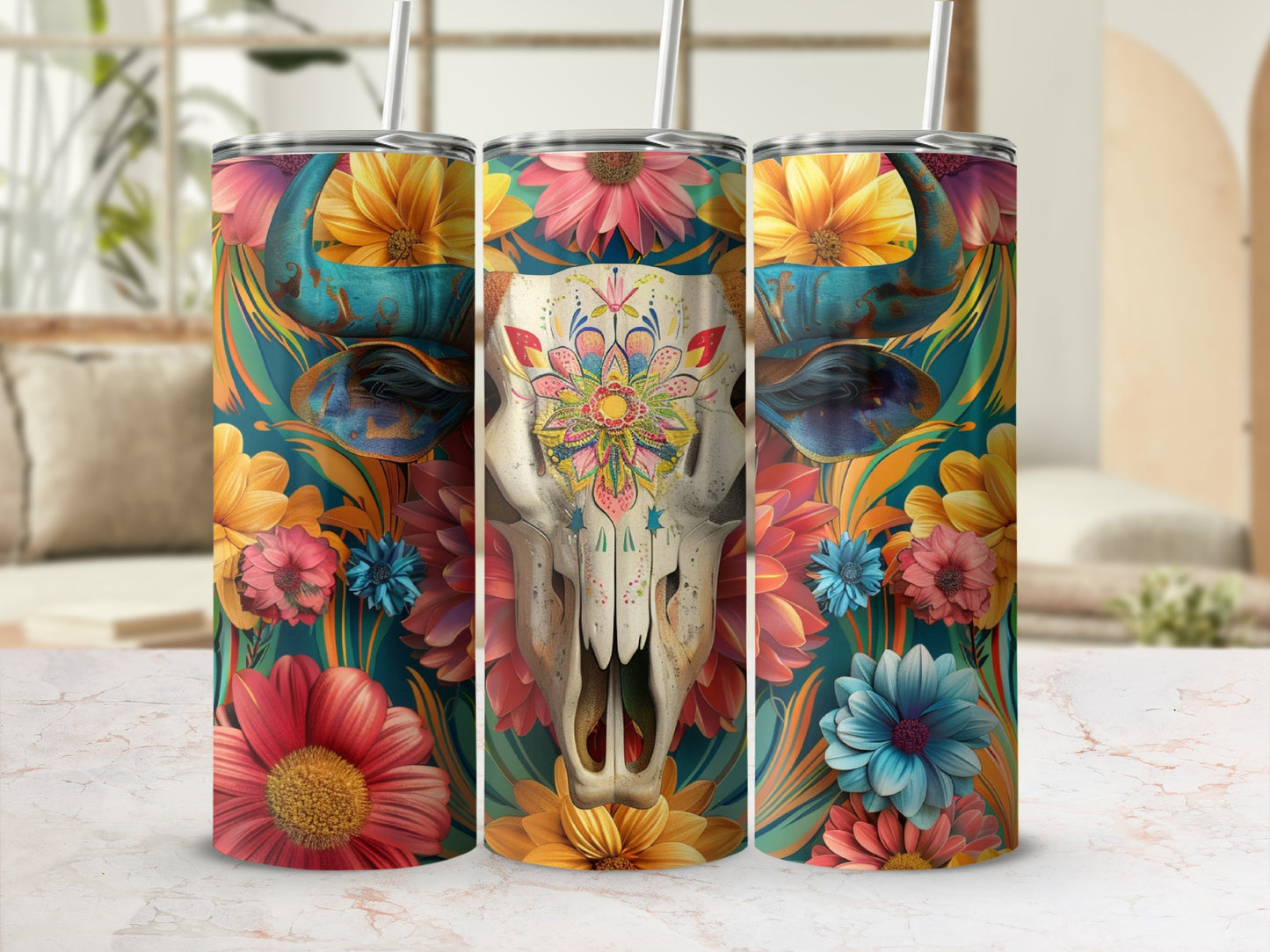 Floral cow skull tumbler with colorful flowers and decorative accents.