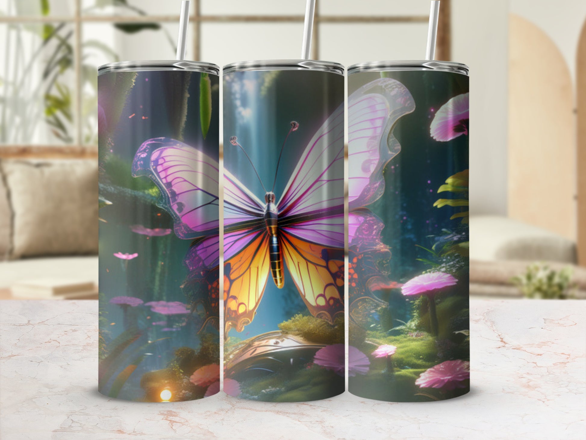 Three tumblers with a colorful butterfly and fantasy forest design.