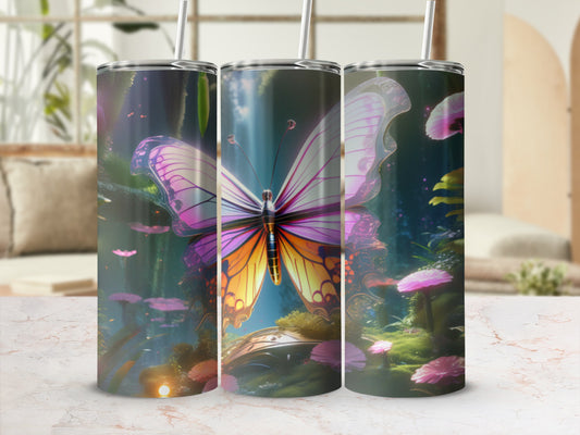 Three tumblers with a colorful butterfly and fantasy forest design.