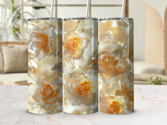 Three metallic gold tumblers with embossed roses and leaves.