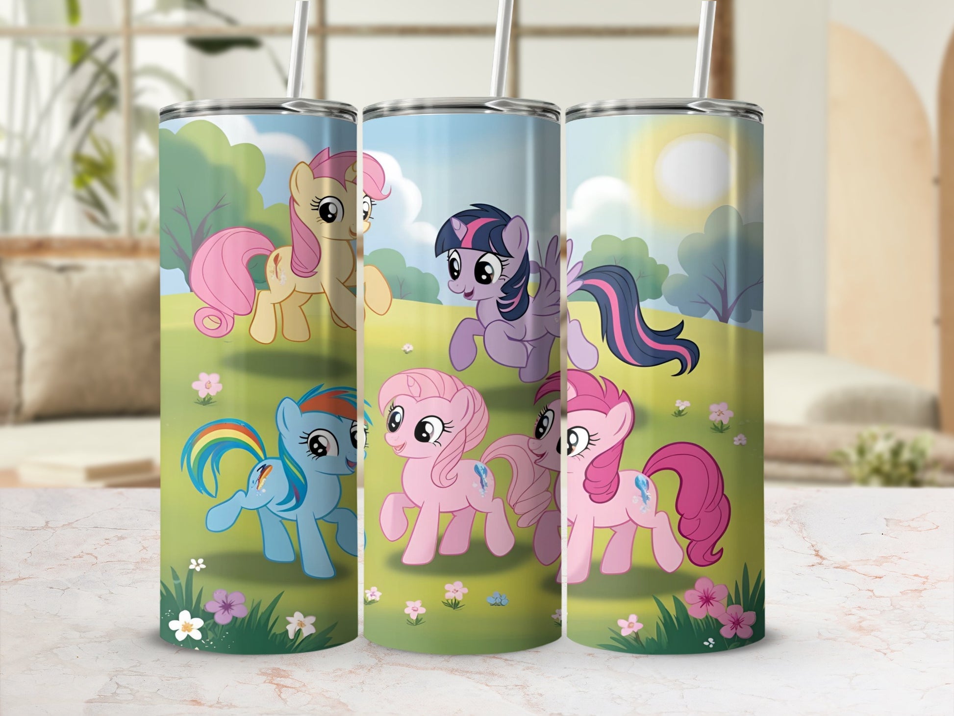 My Little Pony characters on a pink background with a rainbow and grassy landscape.