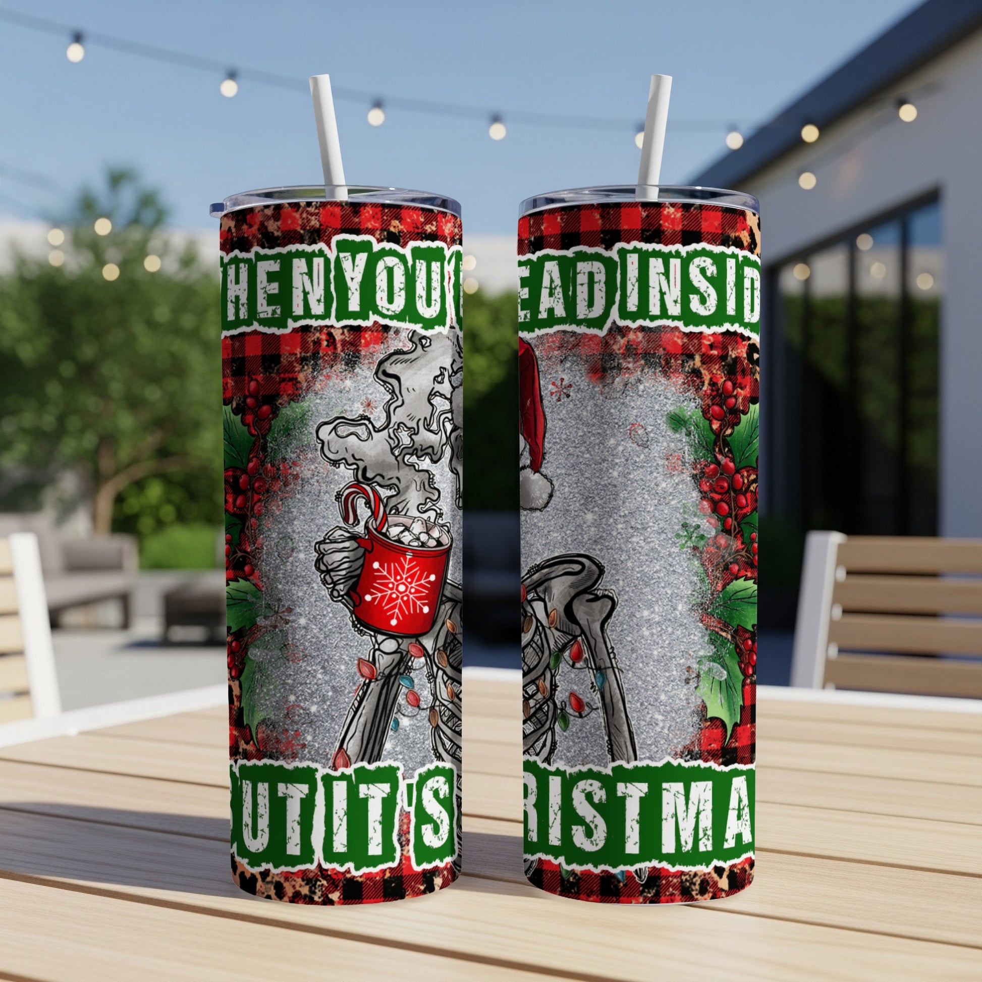 Skeleton in Santa hat holding mug with "WHEN YOU'RE DEAD INSIDE BUT IT'S CHRISTMAS" text.