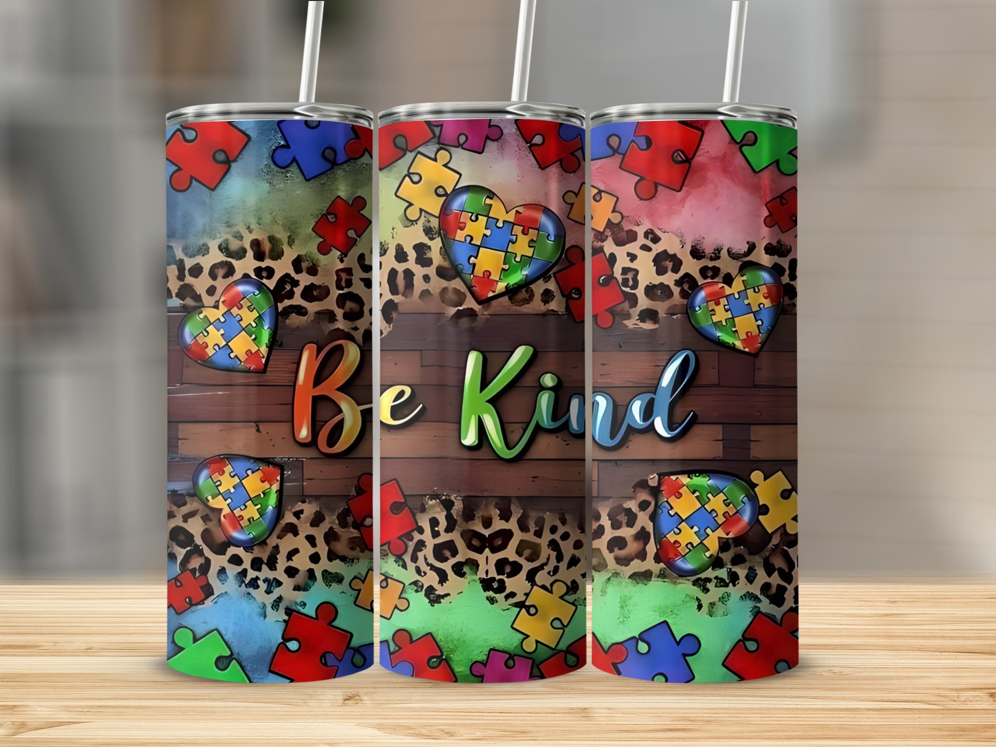 Tumbler with colorful puzzle pieces, hearts, and "Be Kind" text on wood and animal print background.