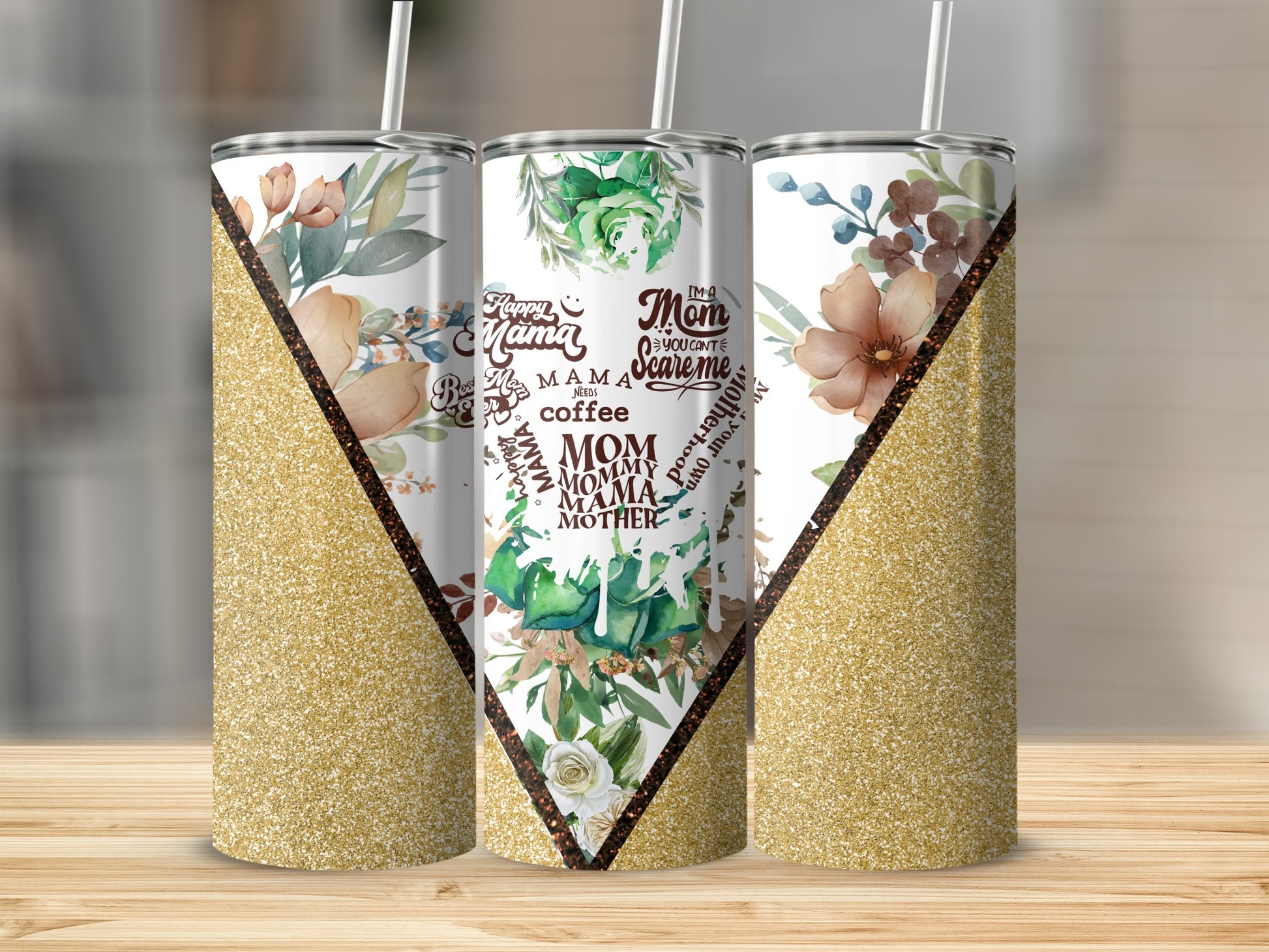 Floral Glitter Mama Needs Coffee Tumbler