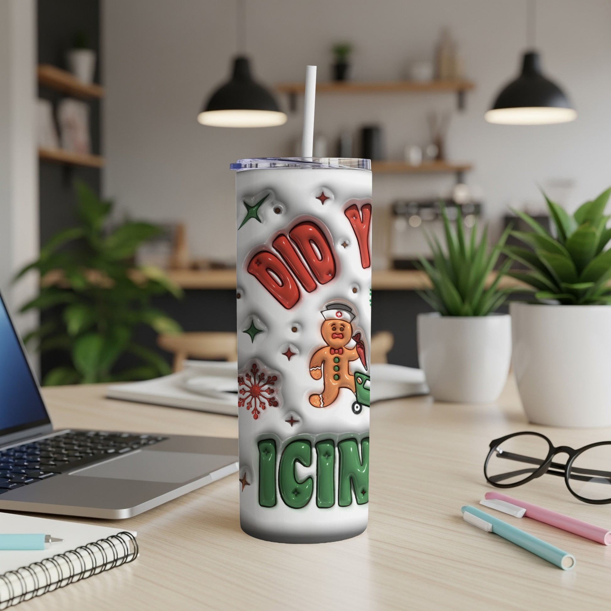 Gingerbread man and "DID YOU EAT MY ICING?" text on a white Christmas tumbler.