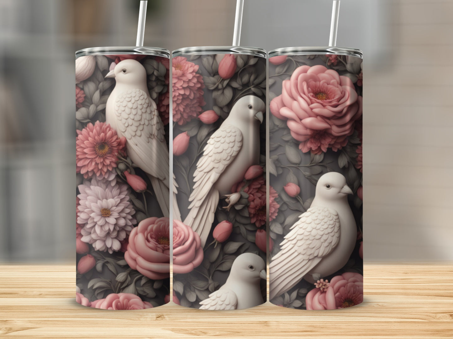 Three tumblers featuring white doves and pink roses on a dark floral background.