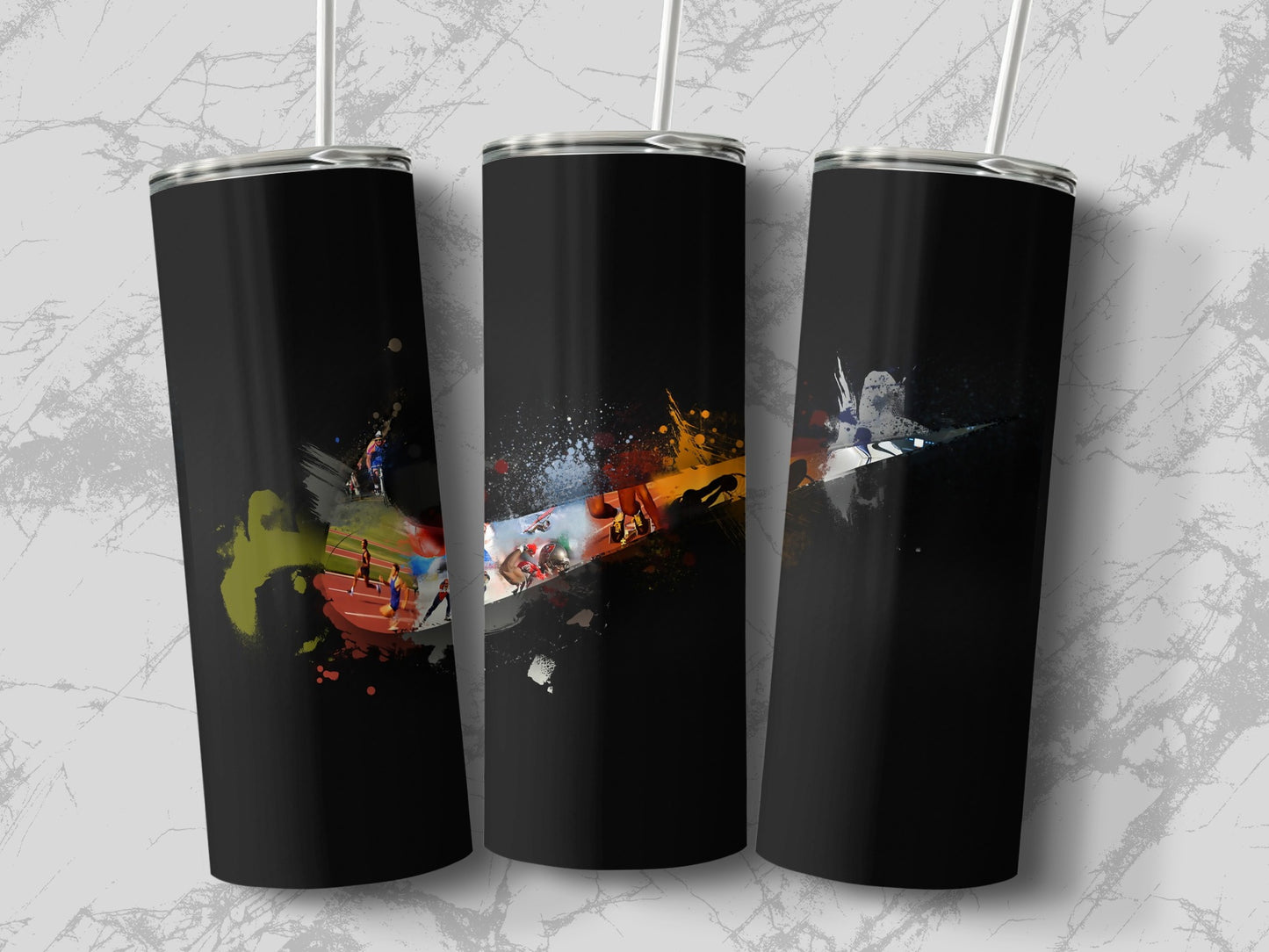 Colorful Abstract Sports Design on Black Tumbler Cup
