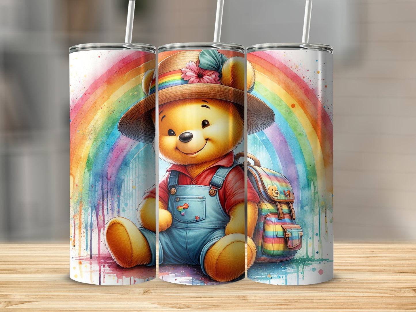 Watercolor Bear with Rainbow Backpack Hat Overalls Tumblers