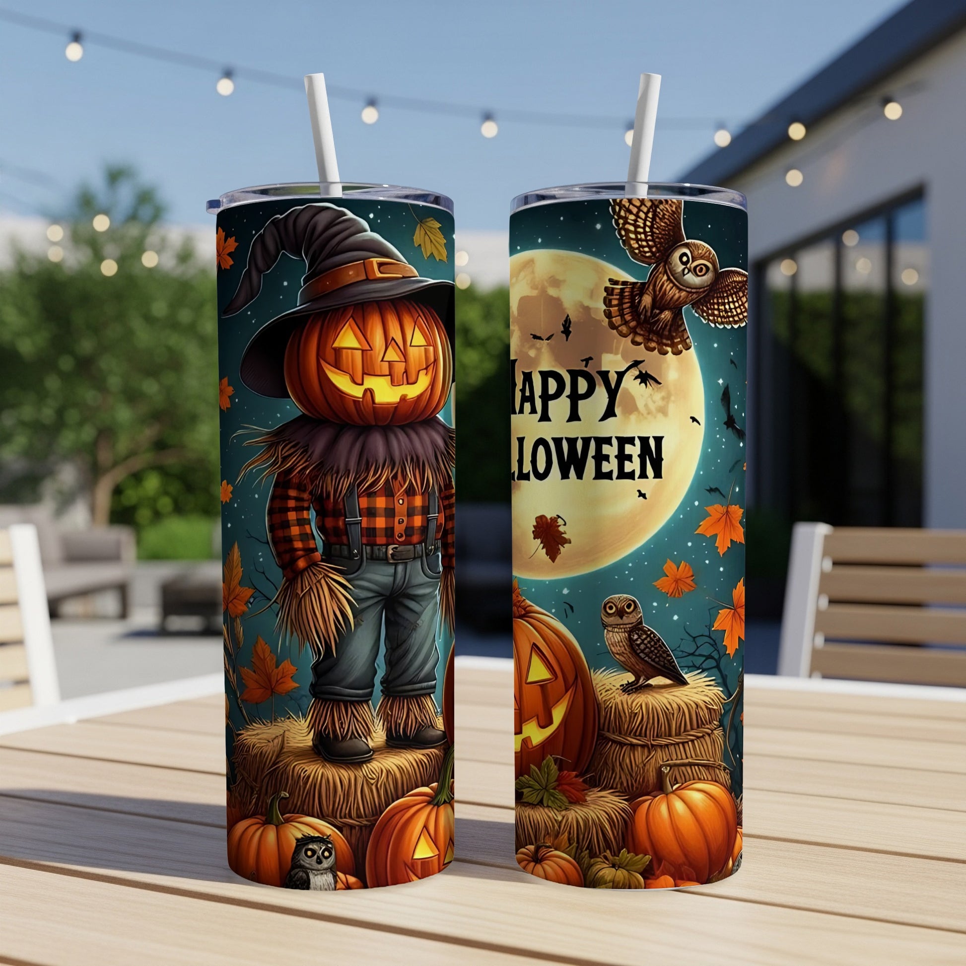 Two tumblers feature Halloween designs with a pumpkin scarecrow and "Happy Halloween" text.