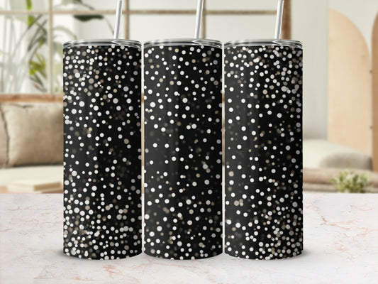Three black tumblers with a scattered white and gold glitter pattern.