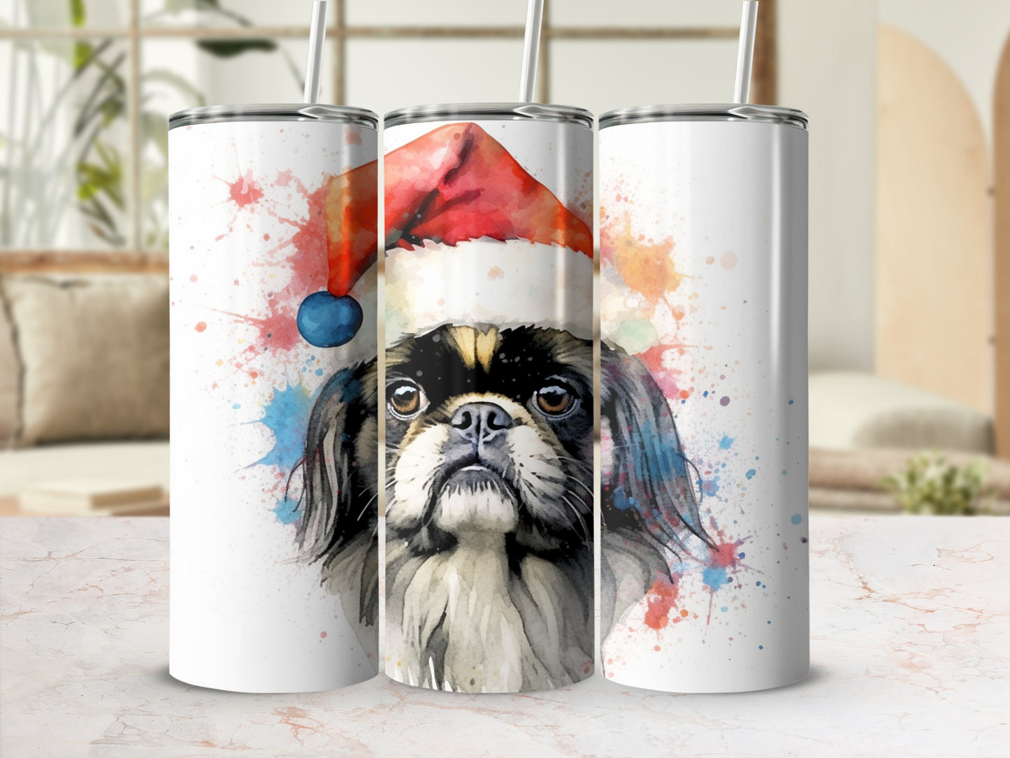 Tumbler with watercolor painting of a dog wearing a Santa hat.