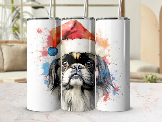 Tumbler with watercolor painting of a dog wearing a Santa hat.