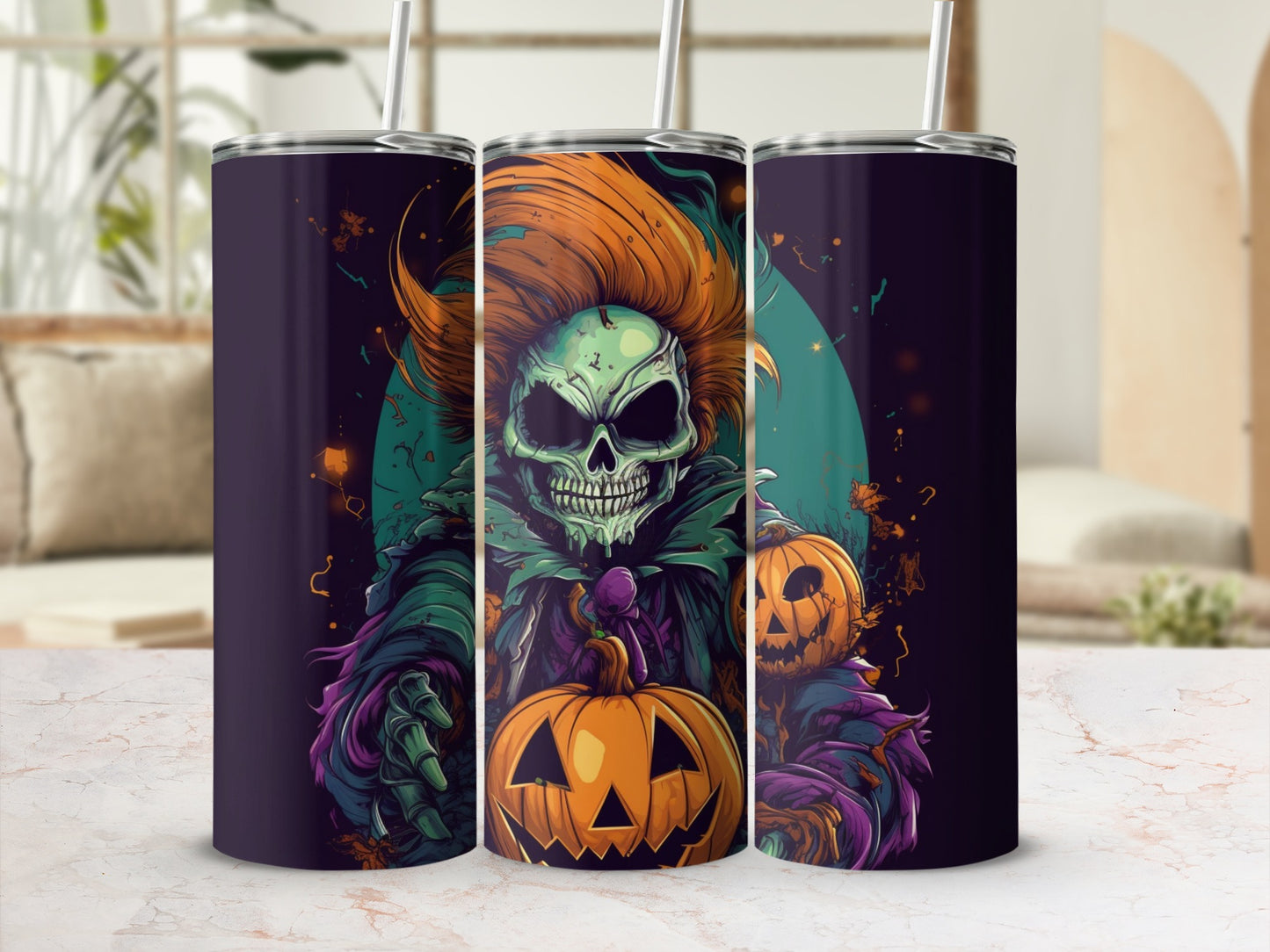 Halloween tumbler with a spooky skeleton and jack-o'-lantern design.