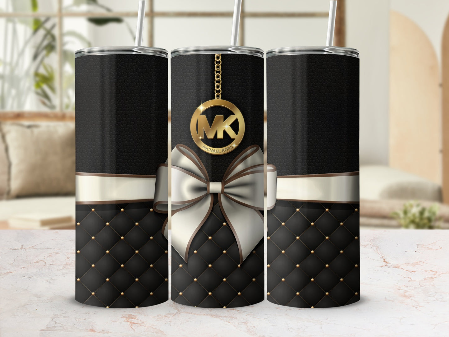 Elegant Black and Gold Tumbler with Ribbon Design