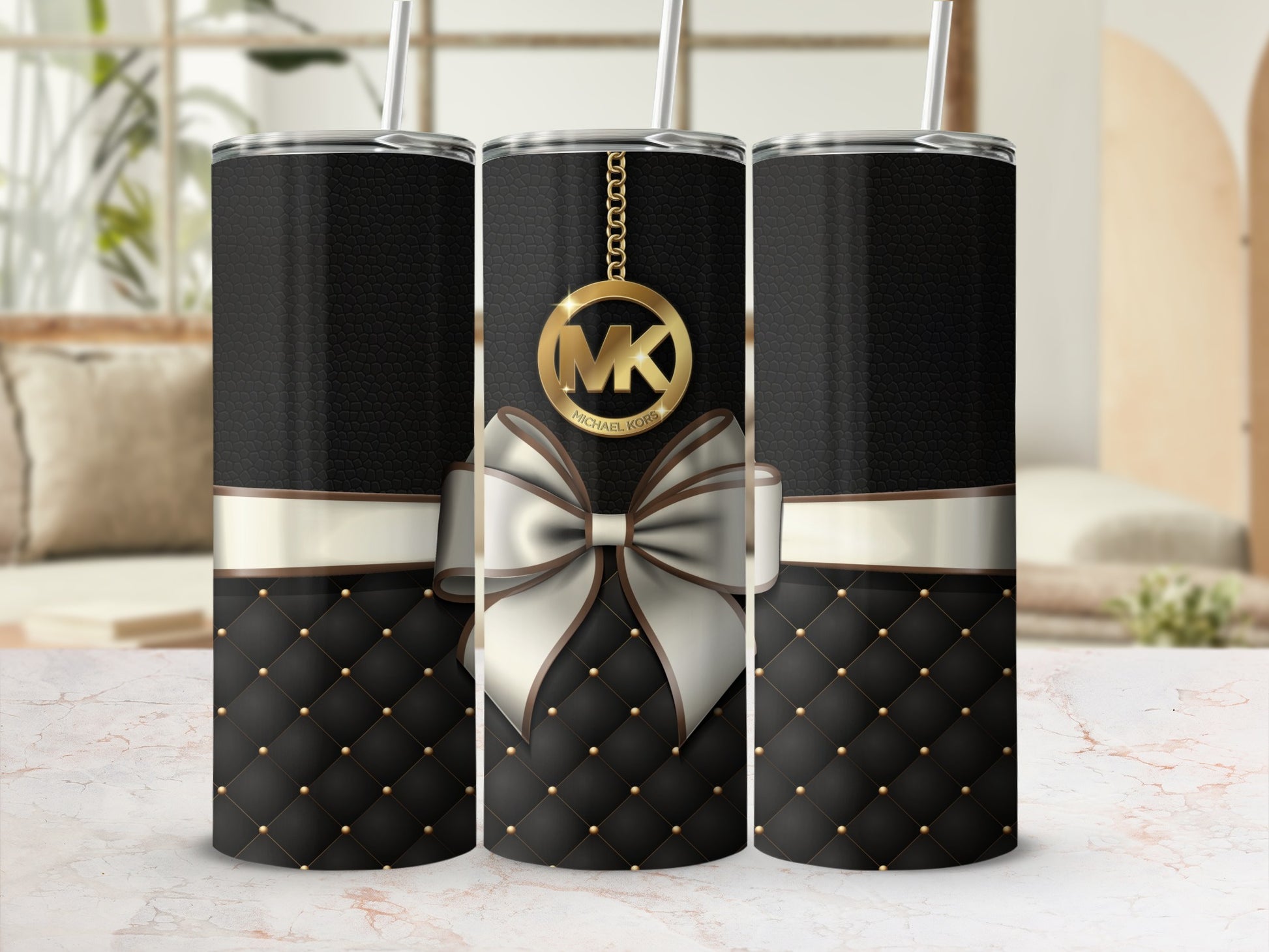 Elegant Black and Gold Tumbler with Ribbon Design
