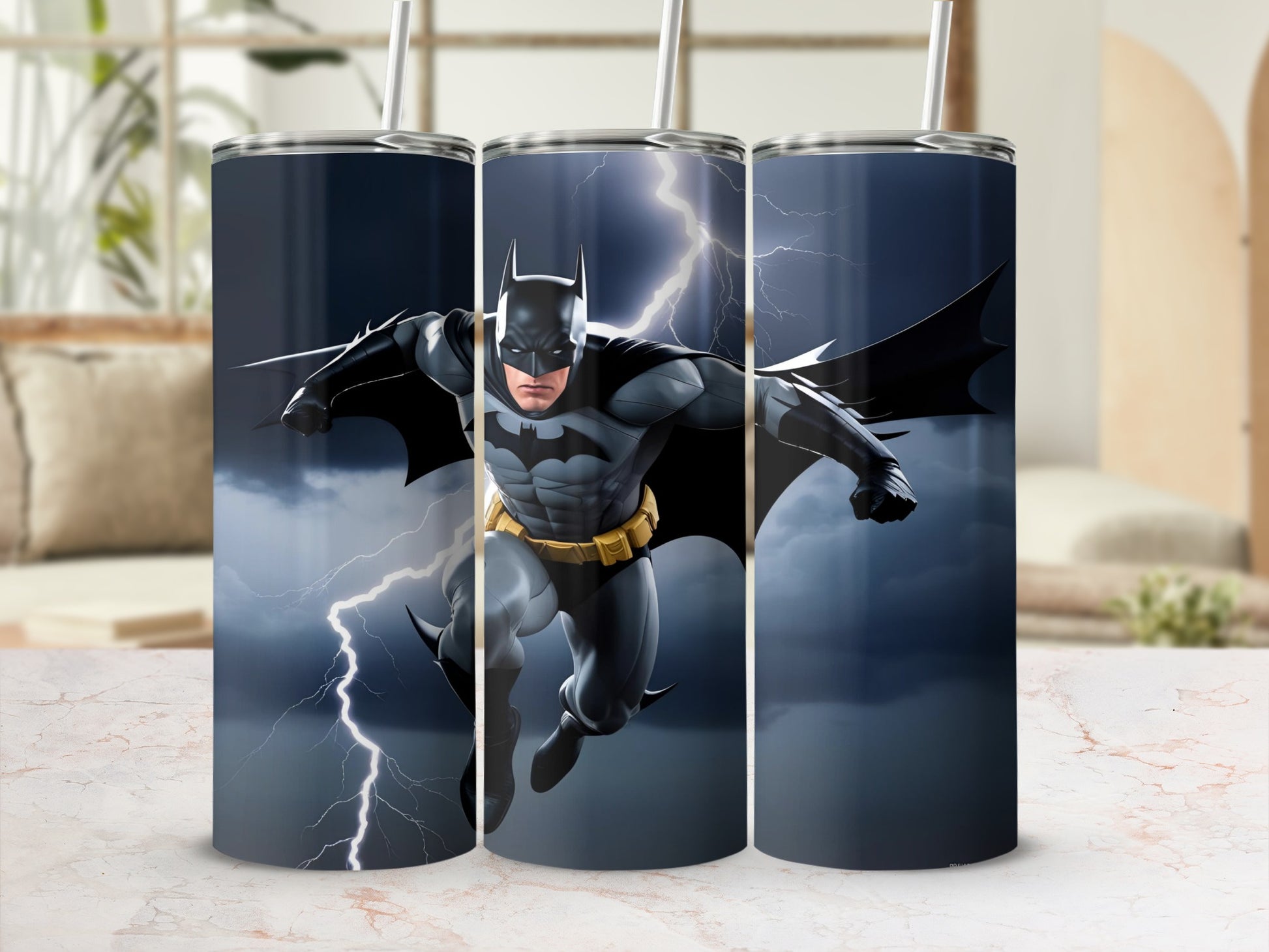 Batman in action with lightning and clouds.
