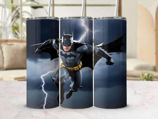 Batman in action with lightning and clouds.