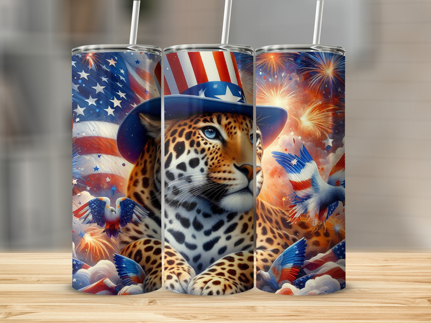 Leopard wearing American flag hat with patriotic fireworks and eagles.