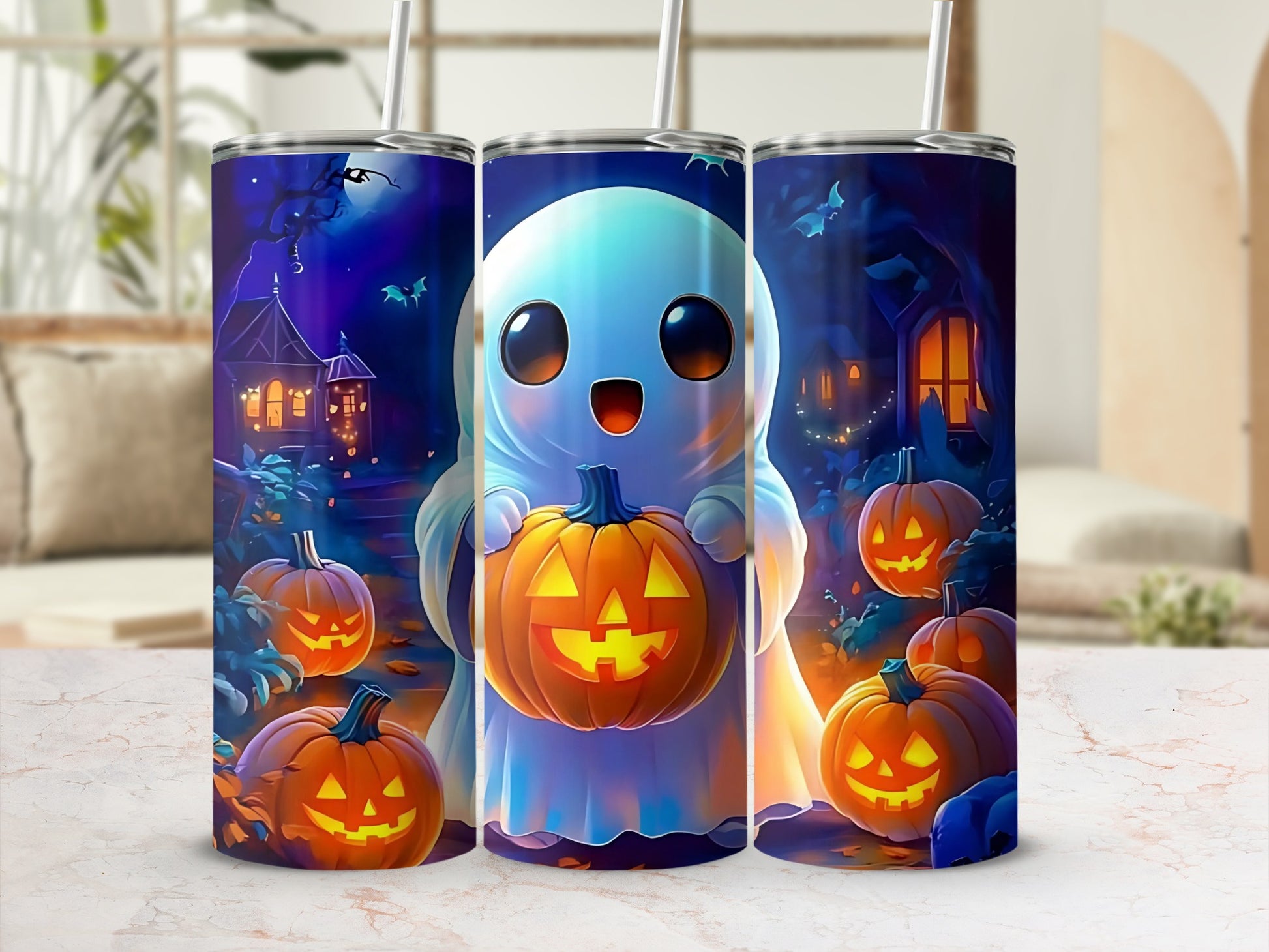 Three tumblers feature a cute ghost holding a jack-o'-lantern with a spooky castle scene.