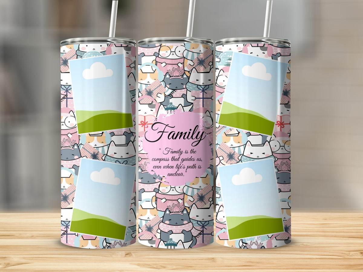 Three tumblers with a cat pattern and quote: "Family is the compass that guides us."