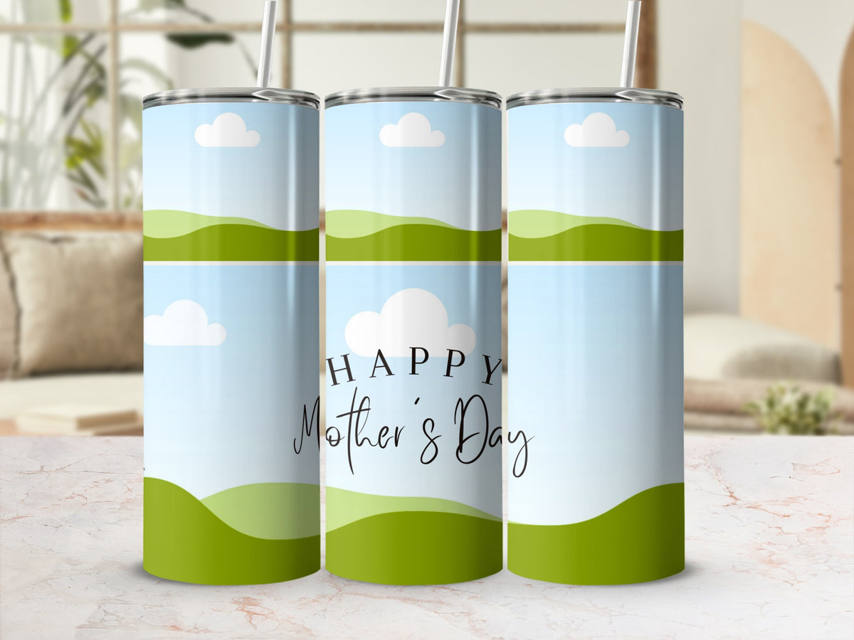 Tumblers with a "Happy Mother's Day" design on rolling green hills.