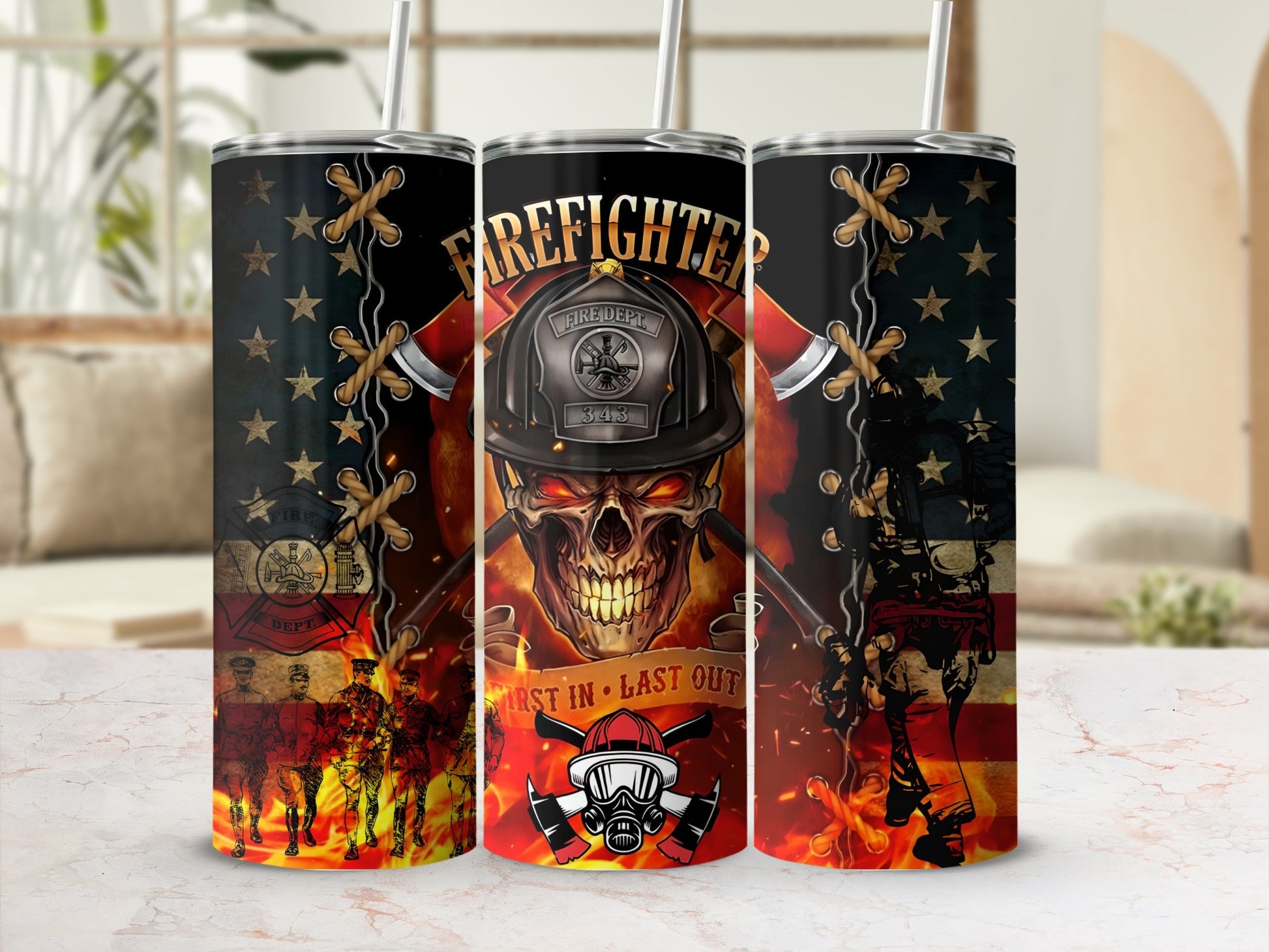 Firefighter Skull First In Last Out Tumbler Cup