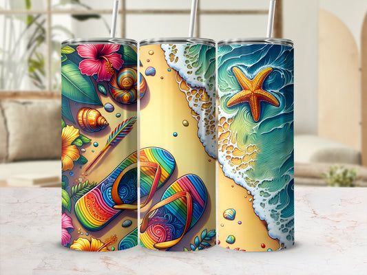 Three tumblers with tropical beach themes and colorful flip-flops.