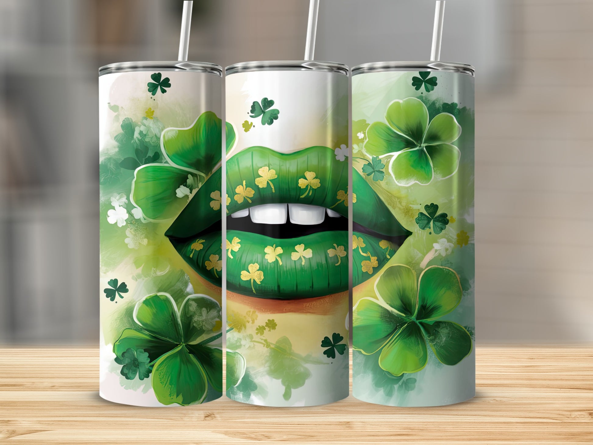 Green lips with shamrocks and gold accents on a tumbler.