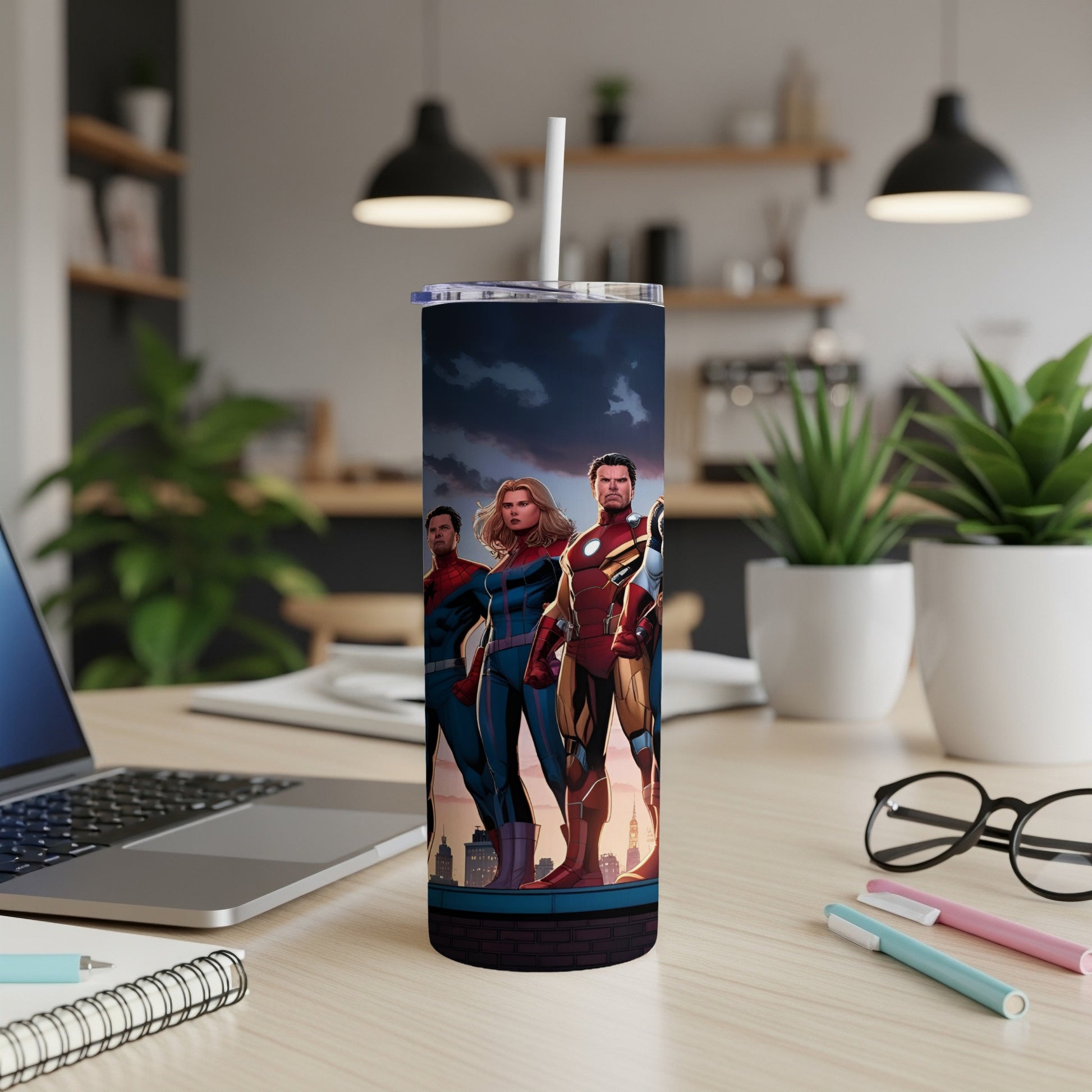 Captain America and Iron Man stand with Captain Marvel on a cityscape background.