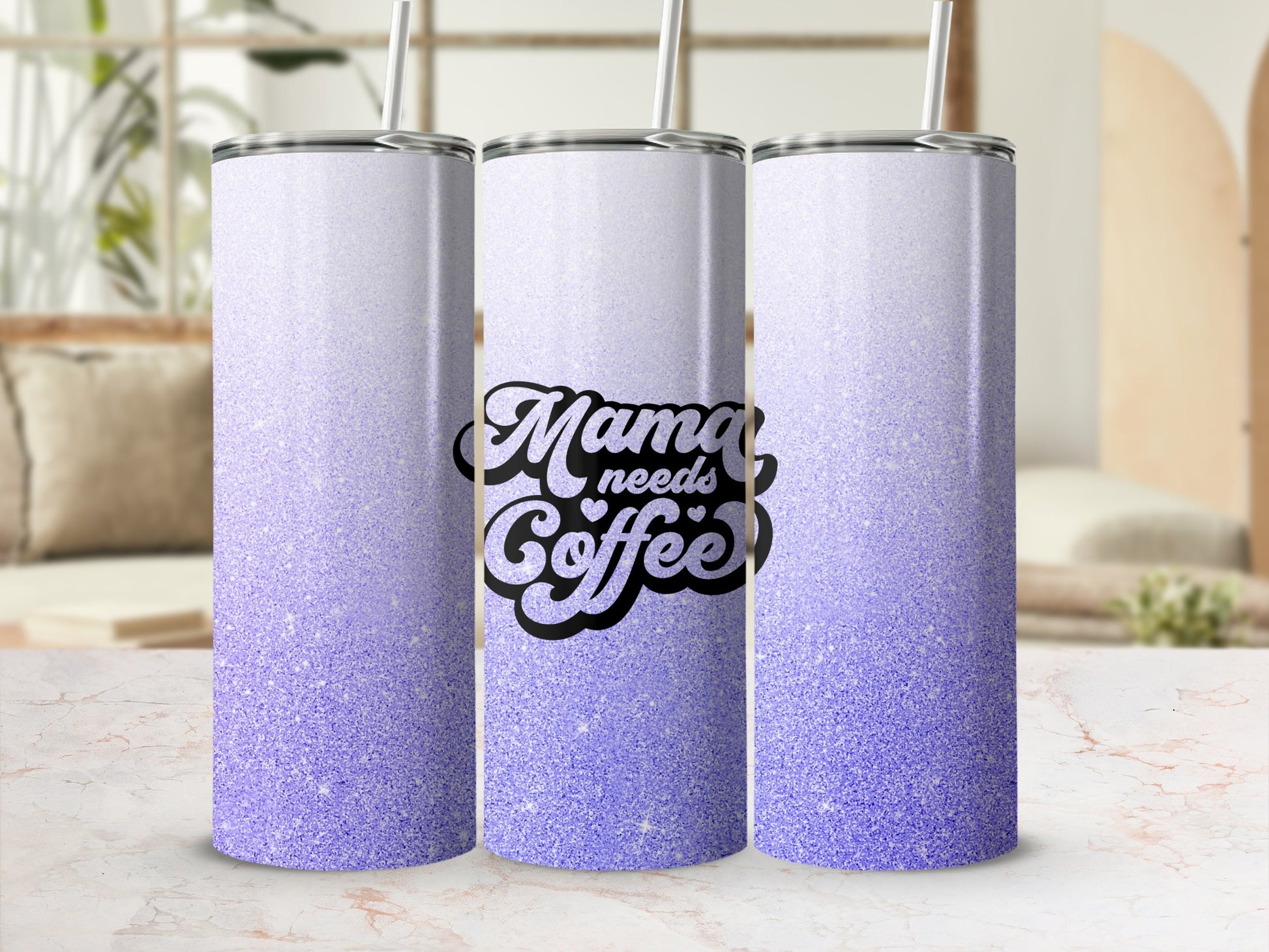 Purple glitter tumbler with "Mama Needs Coffee" text.