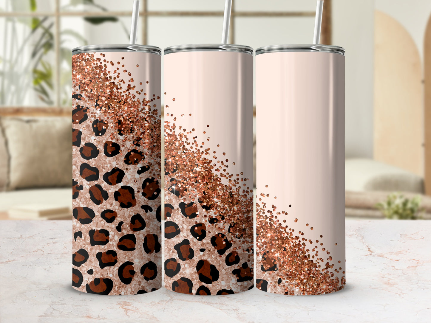 Three light pink tumblers with leopard print and rose gold glitter details.