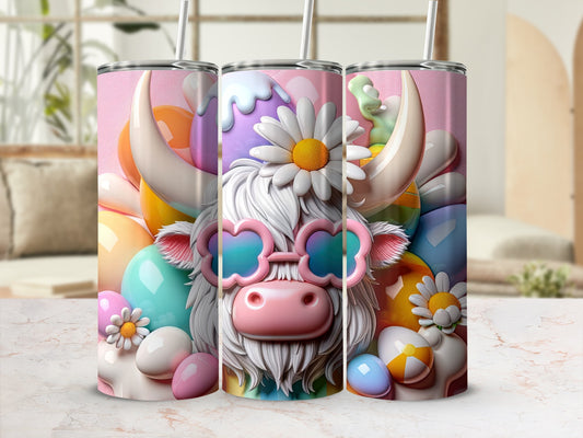 Pink cow wearing sunglasses with pastel Easter eggs and flowers.