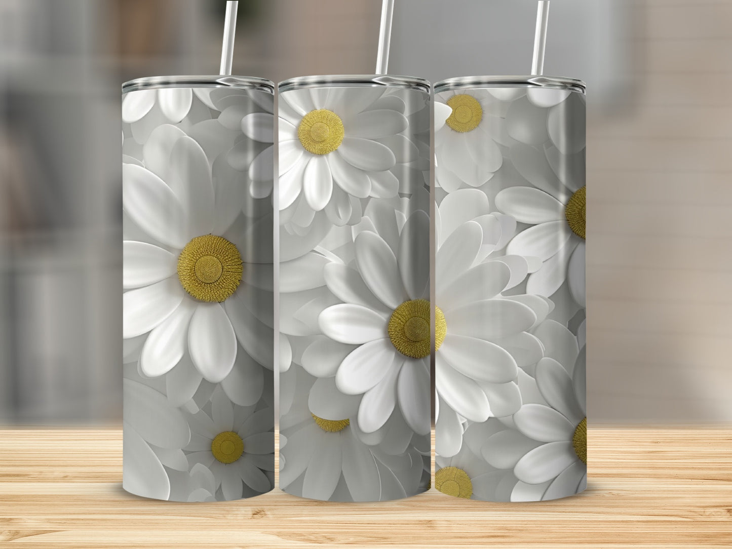 Three white daisy tumblers with yellow centers on a wooden surface.