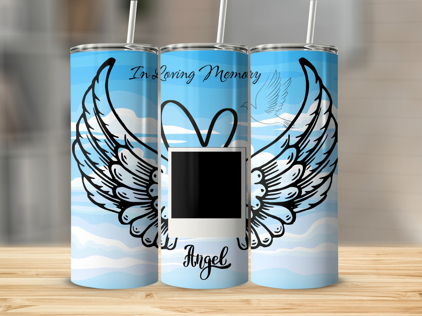 Triptych of tumblers with wings, a heart, a photo frame, and "Angel" text.