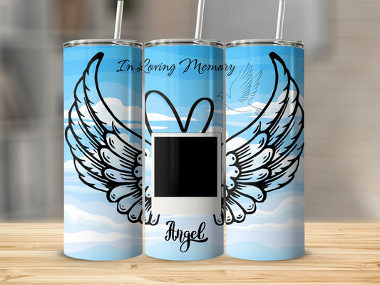 Triptych of tumblers with wings, a heart, a photo frame, and "Angel" text.