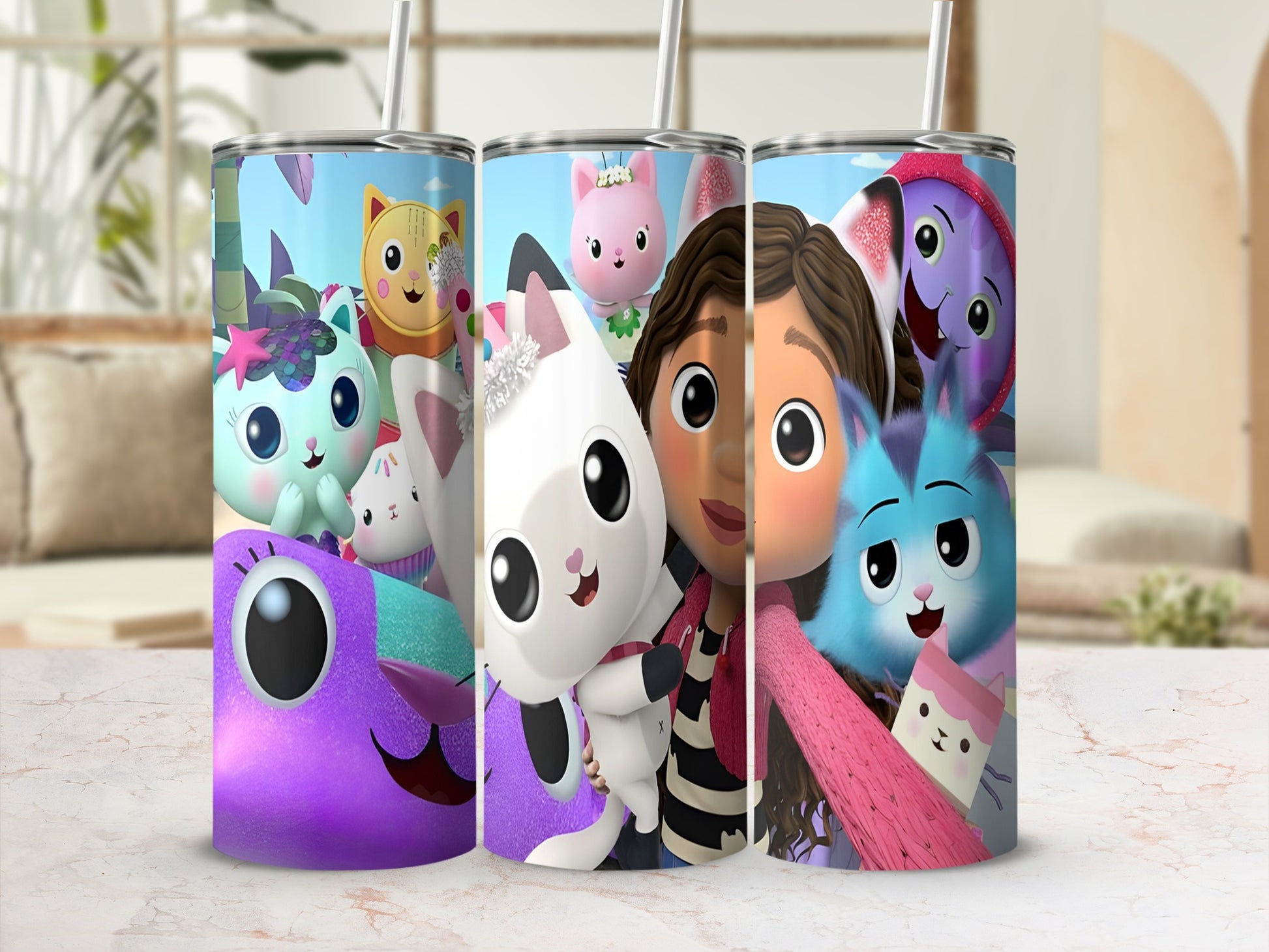 Gabby's Dollhouse characters on a metal tumbler with colorful design.