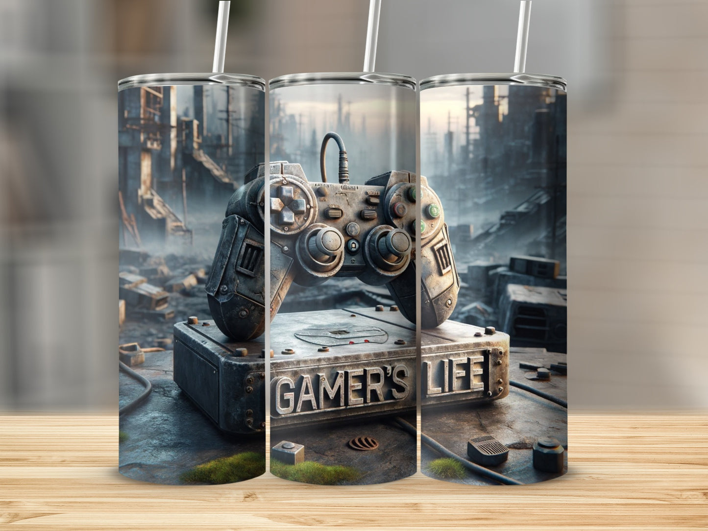 Distressed video game controller on a metallic box with "Gamer's Life" text.