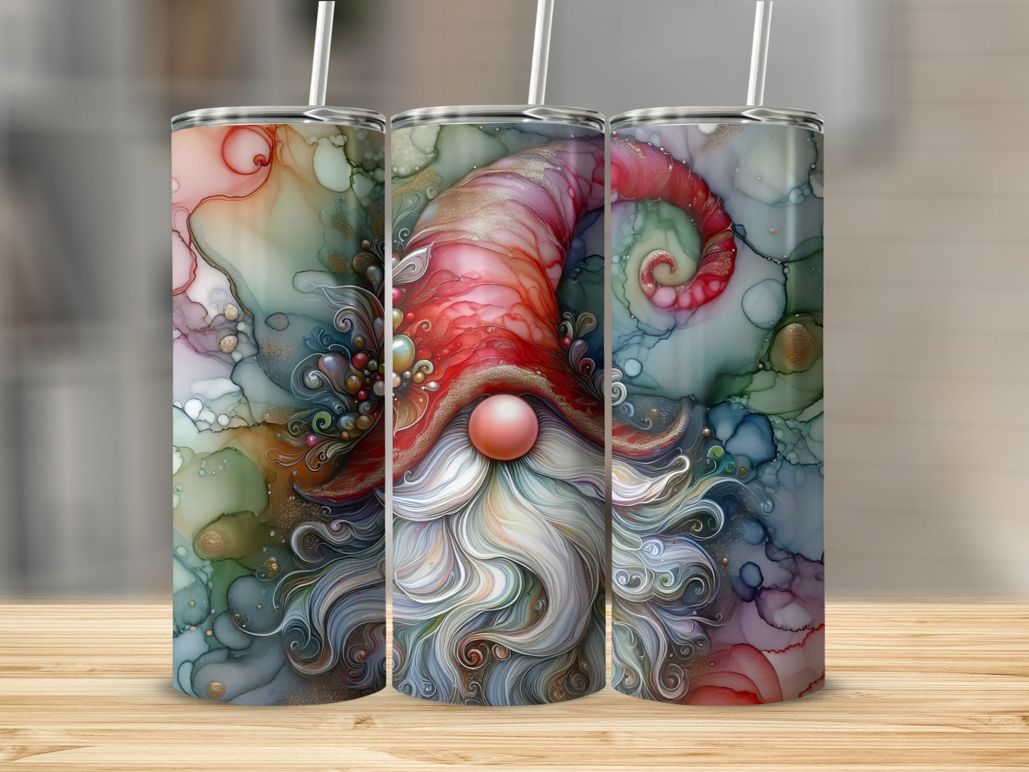 Three tumblers with a whimsical gnome design and colorful abstract art.