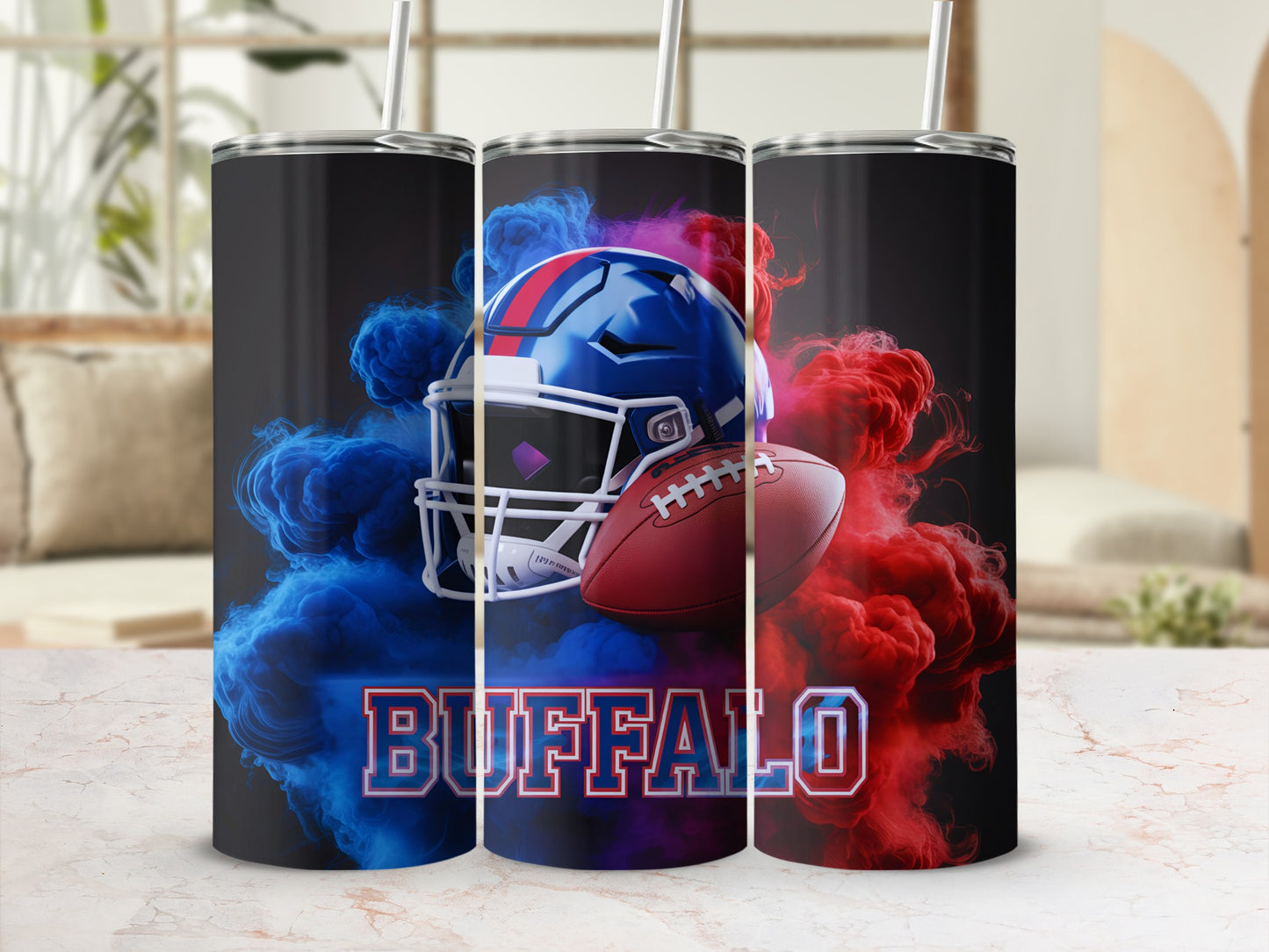 Buffalo Bills helmet and football with red and blue smoke.