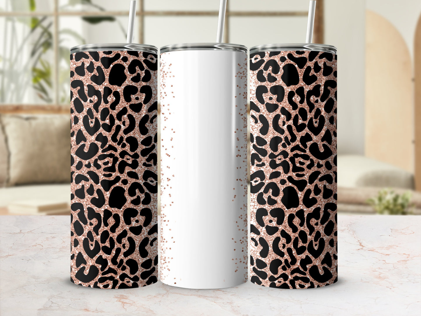 Leopard print tumbler with straw and white center.