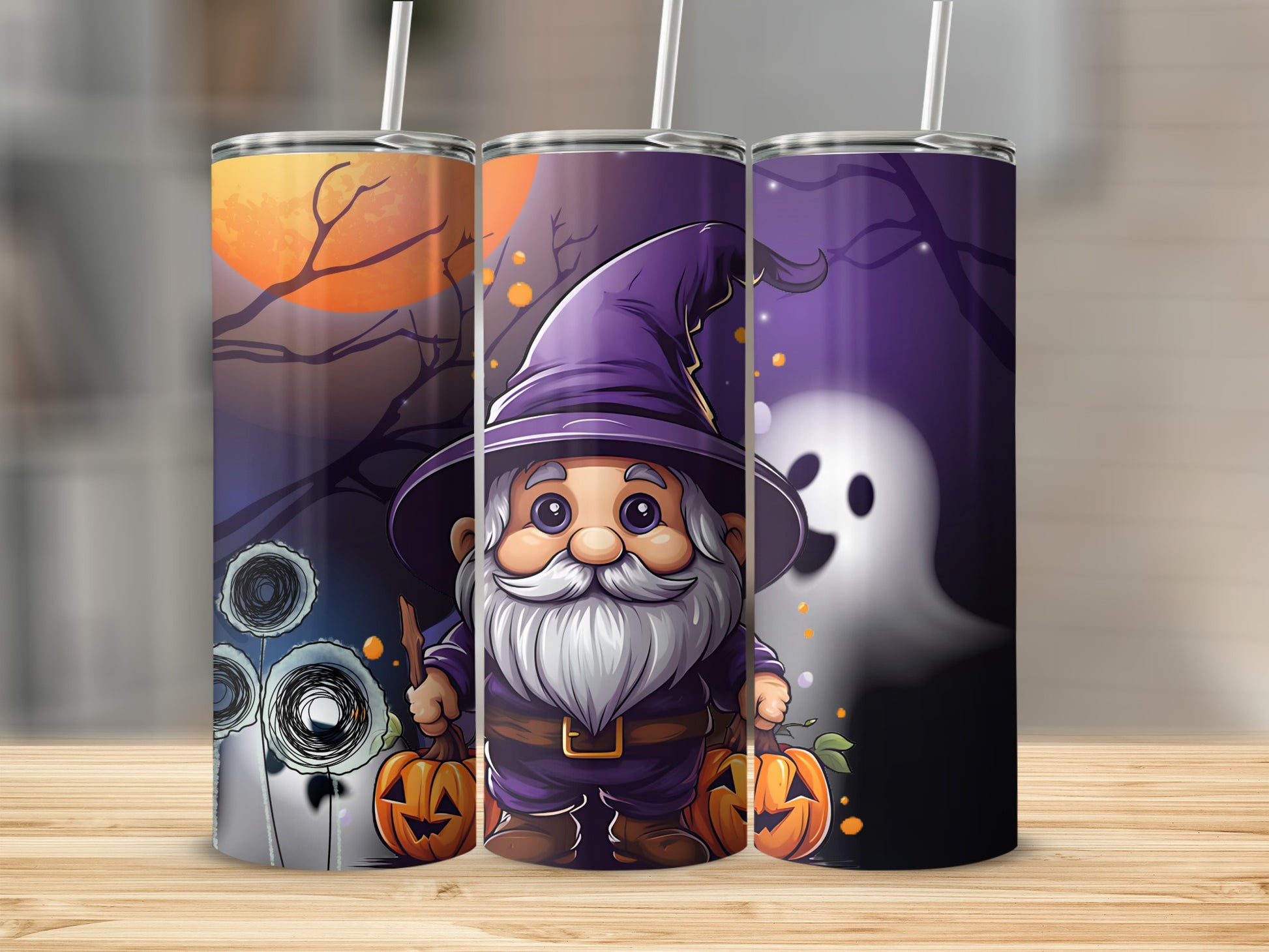 Halloween Gnome and Ghost Themed Tumbler Cups