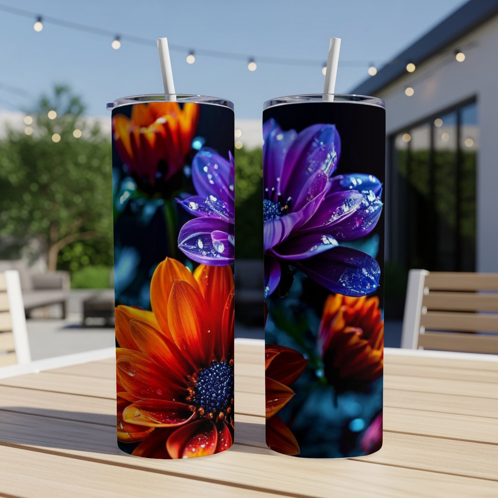 Two tumblers with close-up floral designs of orange and purple flowers.