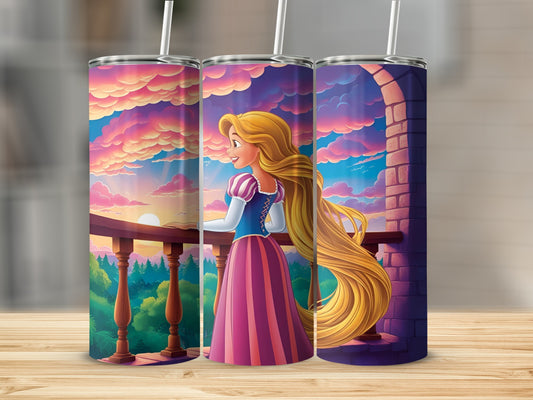 Rapunzel looks out a window at a sunset, colorful clouds, and a castle.