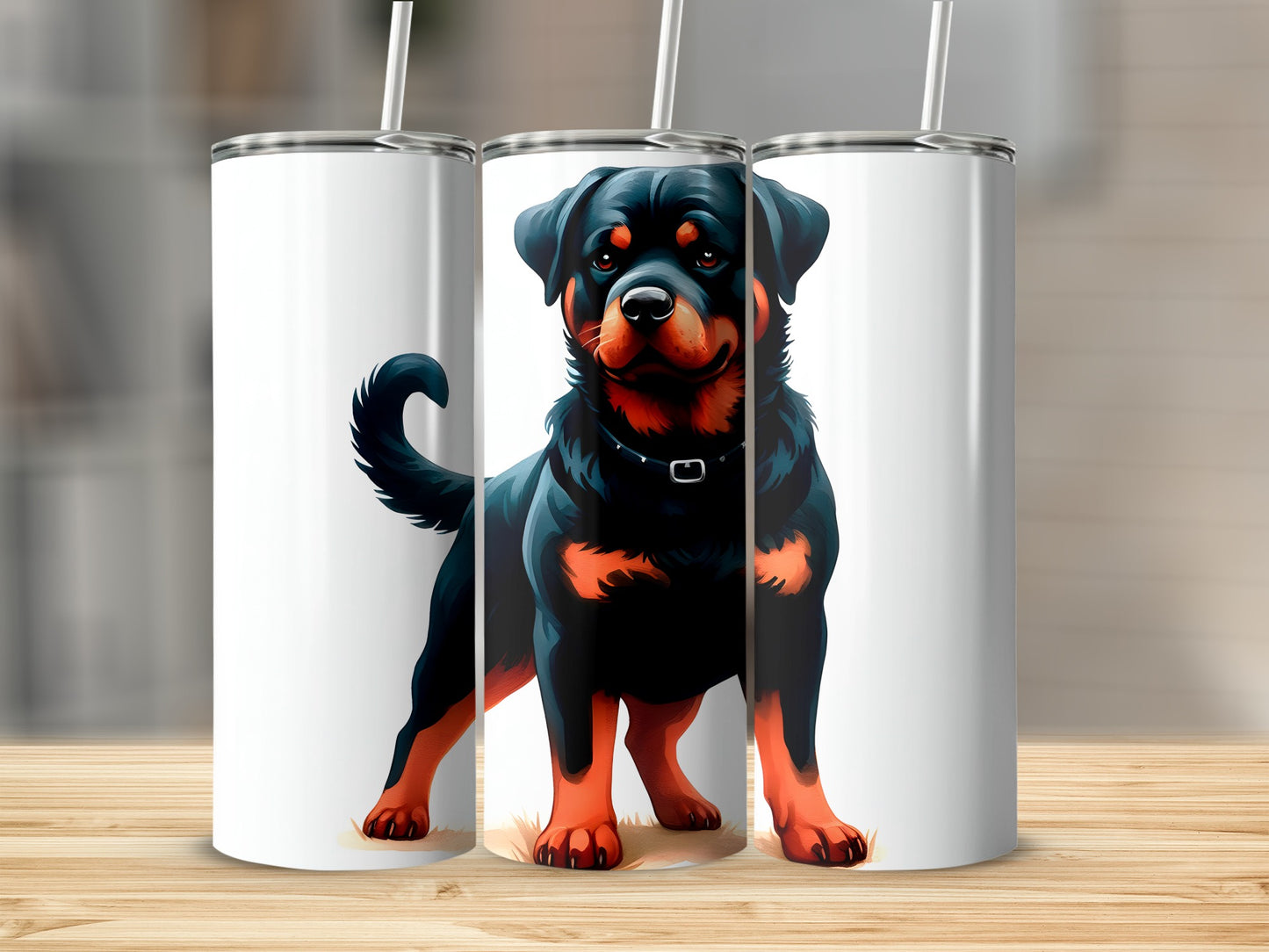 Rottweiler dog illustration on three white stainless steel tumblers.